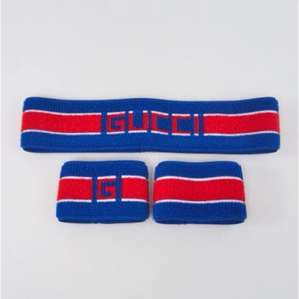 Authentic Gucci logo stripe sweatband set